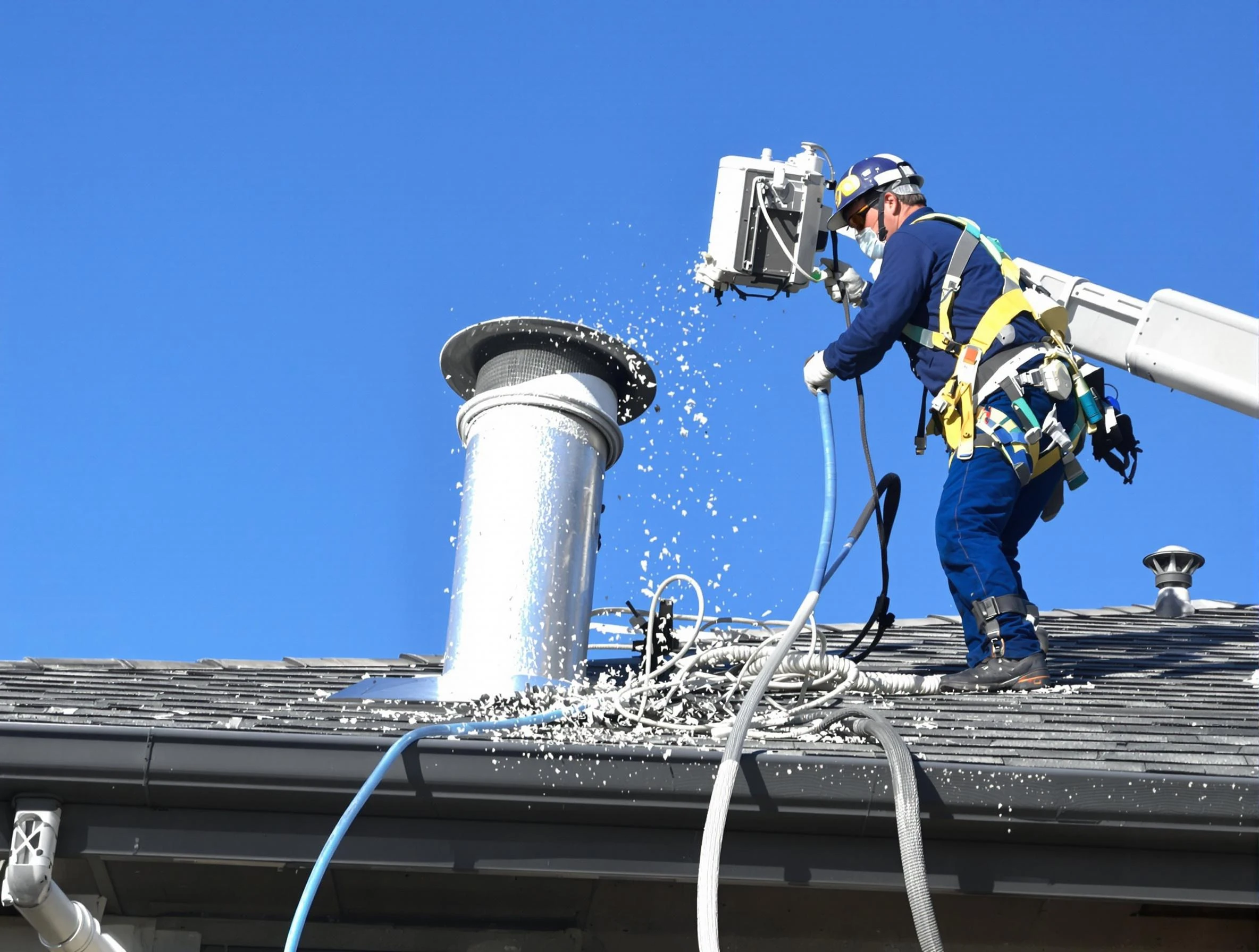 Coolidge Dryer Vent Cleaning certified technician safely cleaning a roof-mounted dryer vent in Coolidge